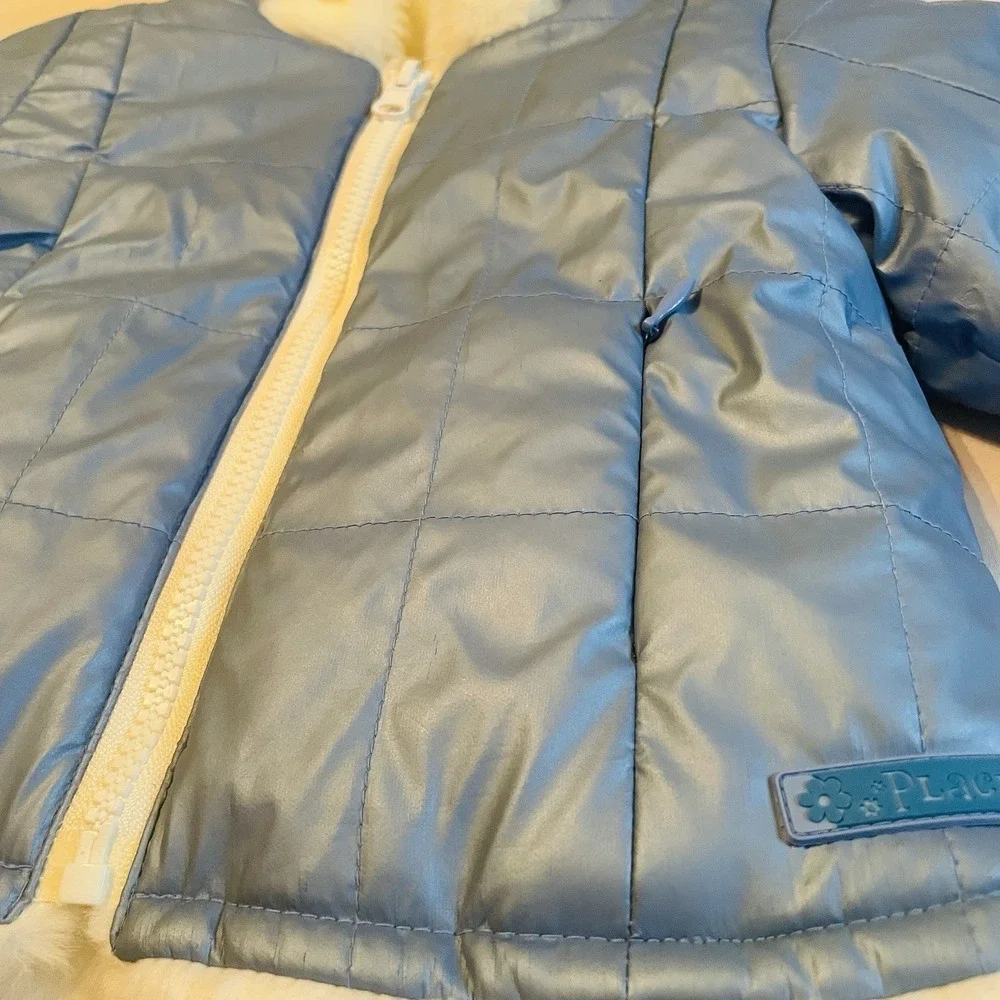 The Children's Place Puffer Jacket Baby Girls 6-9 Months Blue Faux Fur Hood Coat